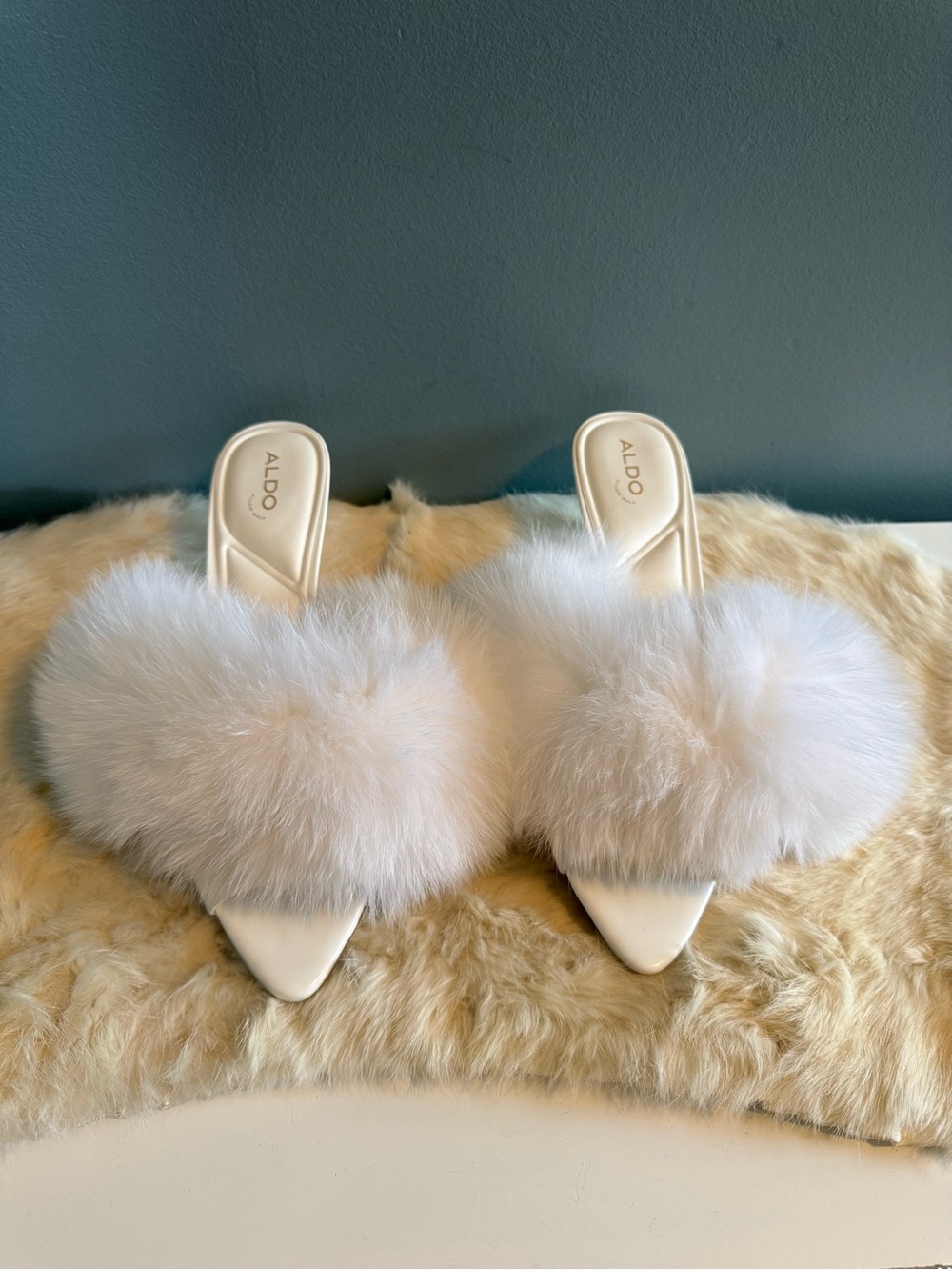 ALDO White Faux Fur Pointed Toe Stiletto Cushioned Heels - Picture 2 of 11